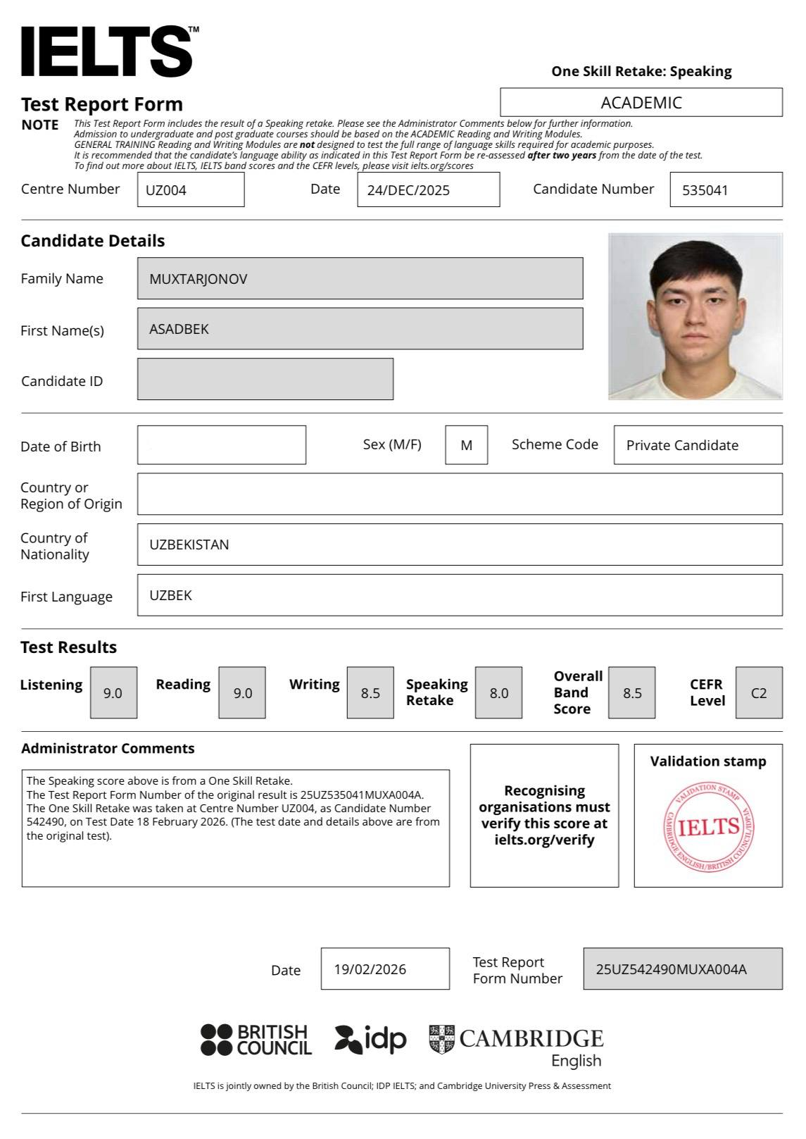 Asadbek Muxtarjonov IELTS Test Report Form